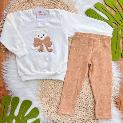  Conj. Casaco de Moletom Cachorrinho com Laço e Calça Legging - Off White